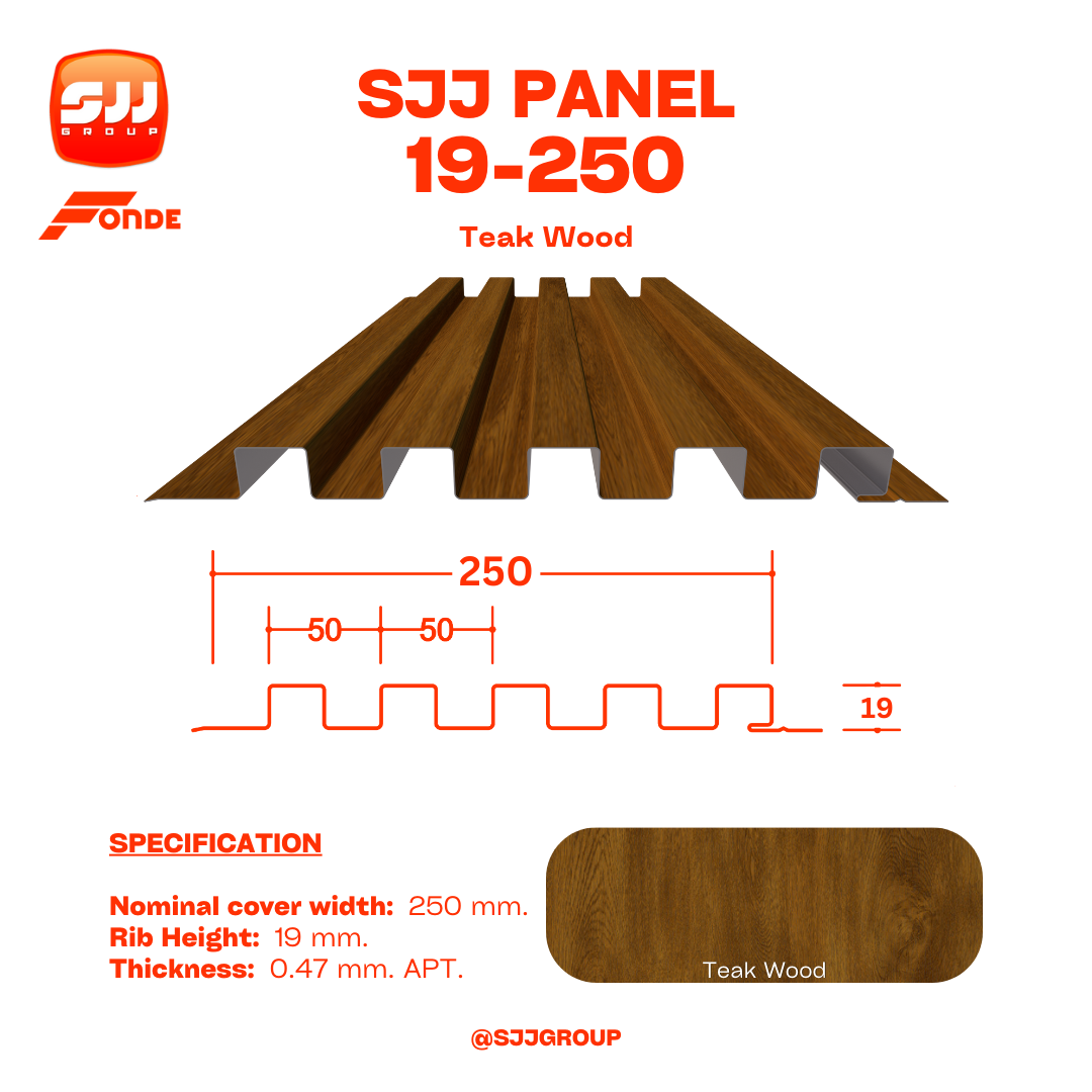 เมทัลชีท เหมือนไม้จริง SJJ Panel 19-250 ลายไม้ หนา 0.47 มม. APT