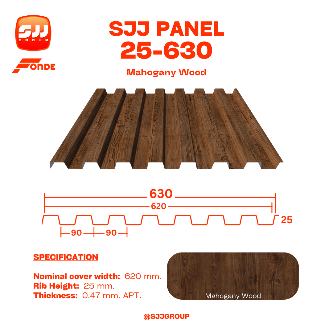 เมทัลชีท เหมือนไม้จริง SJJ Panel 25-630 ลายไม้ หนา 0.47 มม. APT